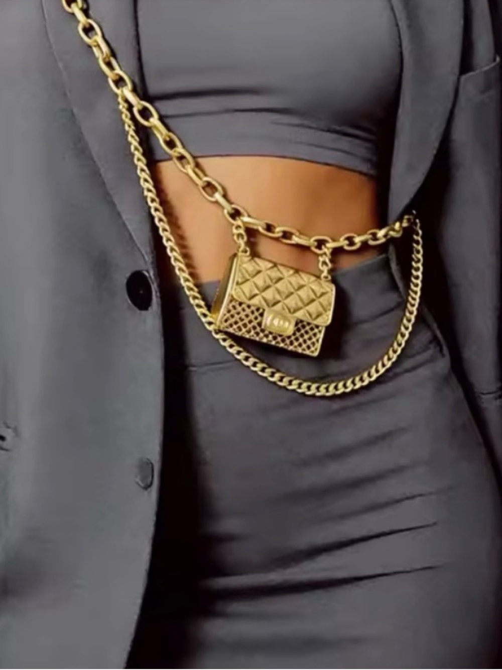 Trendy Gold Chain Waist Belt with Quilted Mini Purse